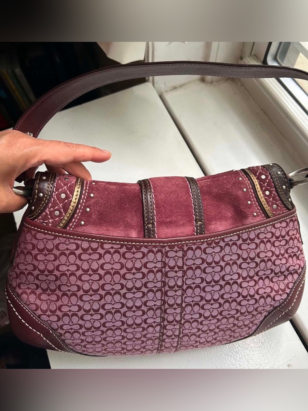 Coach Soho Flap RARE Plum/Burgundy Suede & Mini C Shoulder Bag with Studs - Picture 3 of 8